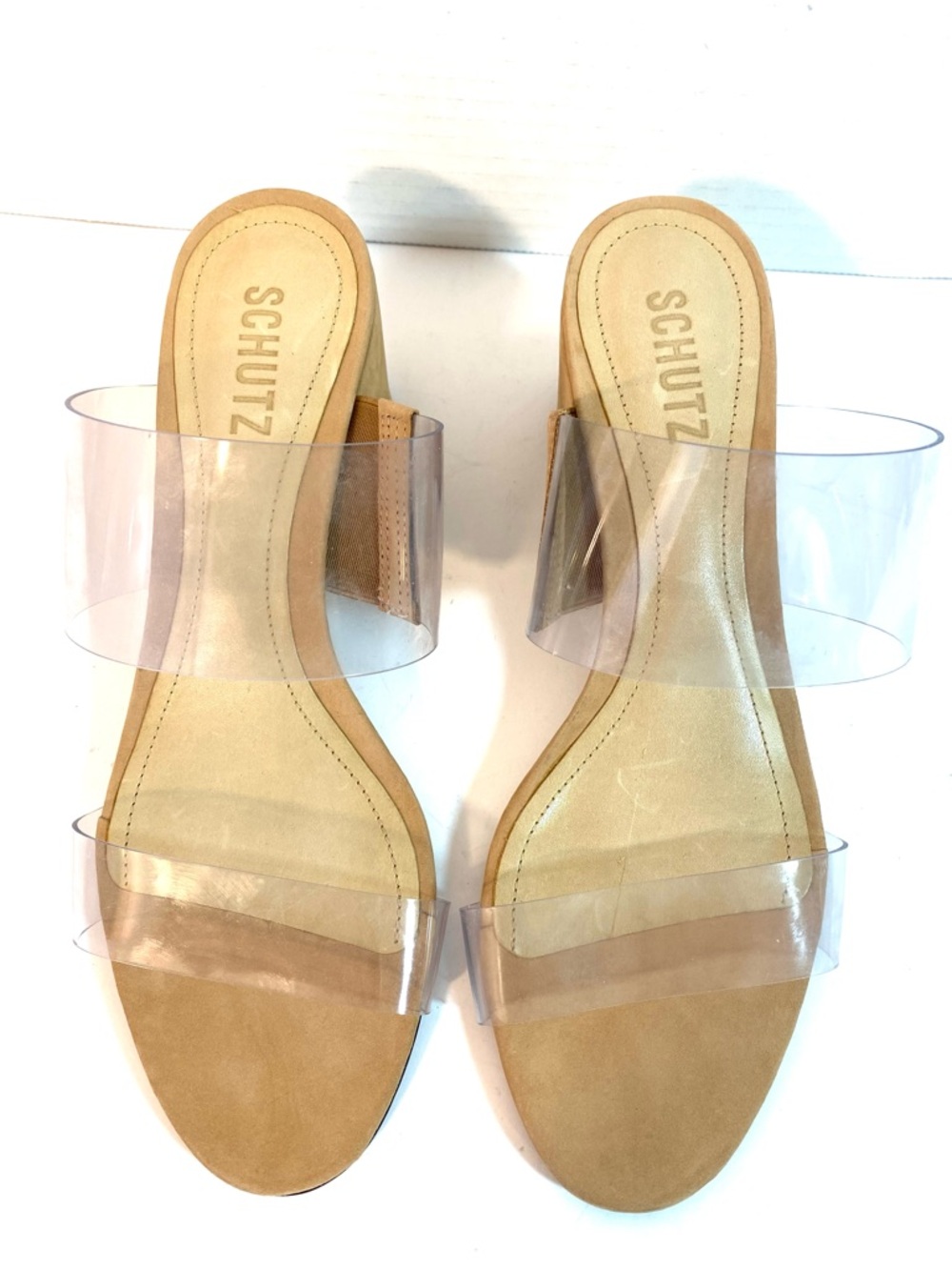 SCHUTZ Victorie Slides Sandals Clear Straps Beige Suede Chunky Heels - NWOB - Picture 3 of 10